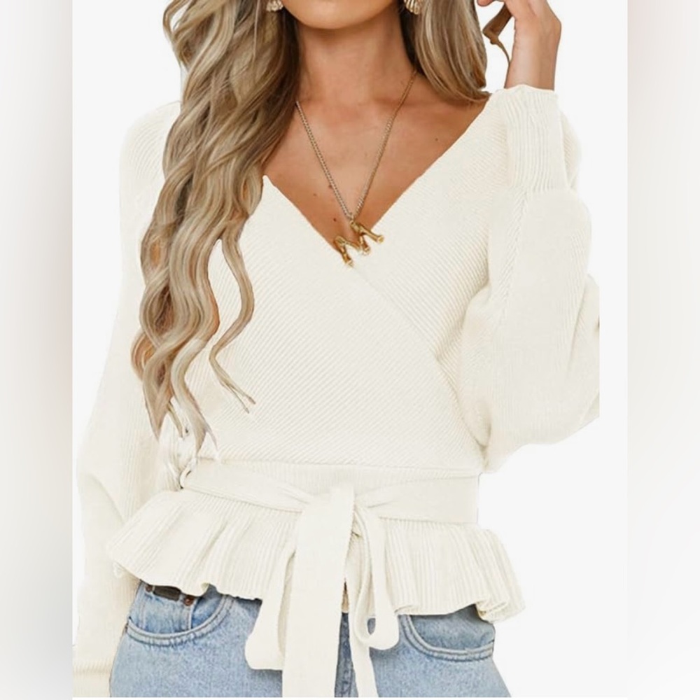 Women’s wrap V-neck long sleeve belted ruffle sweater